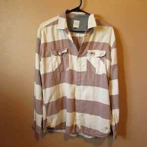Split Men's Casual Button Down Shirt - Brown and White Striped